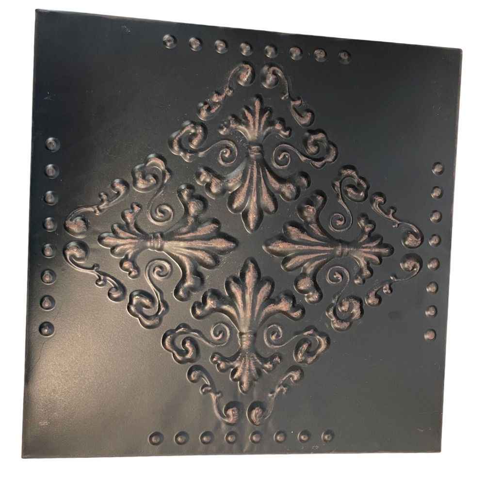 Vintage Fleur De Lis Metal Wall Art Square Embossed Bronze Copper Plaque 14x14